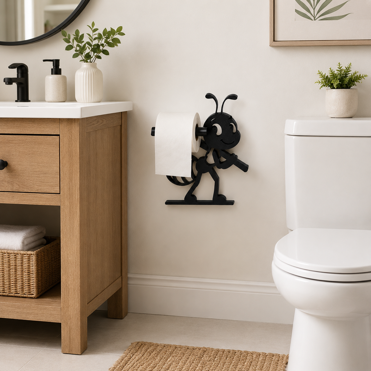 Ant-Shaped Wall Mounted Toilet Paper Holder, Black Metal Bathroom Tissue Roll Holder