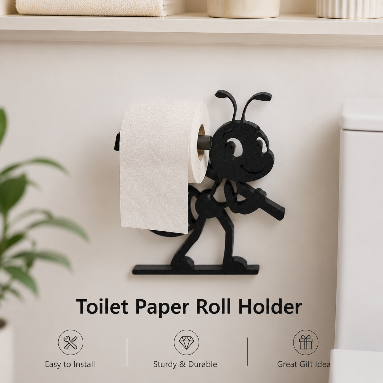 Ant-Shaped Wall Mounted Toilet Paper Holder, Black Metal Bathroom Tissue Roll Holder