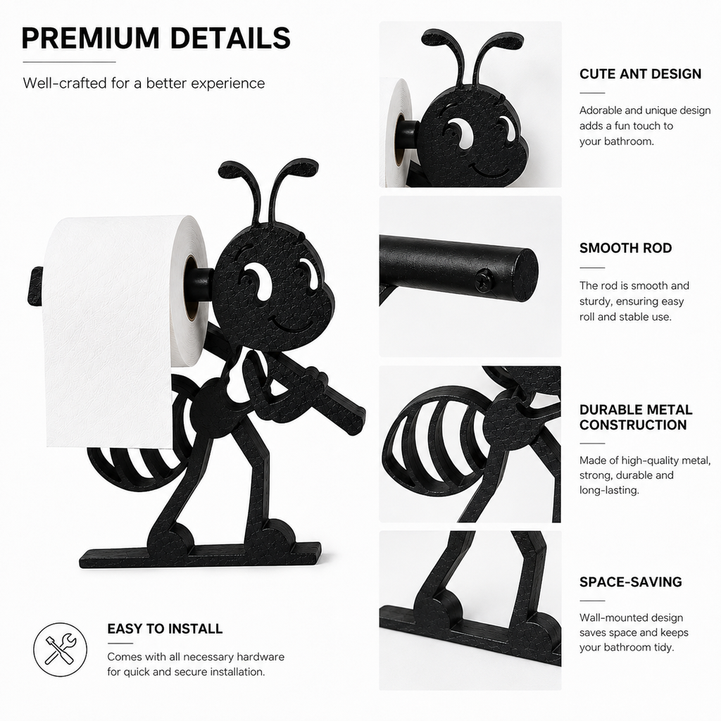 Ant-Shaped Wall Mounted Toilet Paper Holder, Black Metal Bathroom Tissue Roll Holder