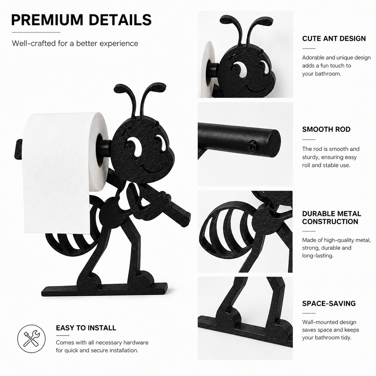 Ant-Shaped Wall Mounted Toilet Paper Holder, Black Metal Bathroom Tissue Roll Holder