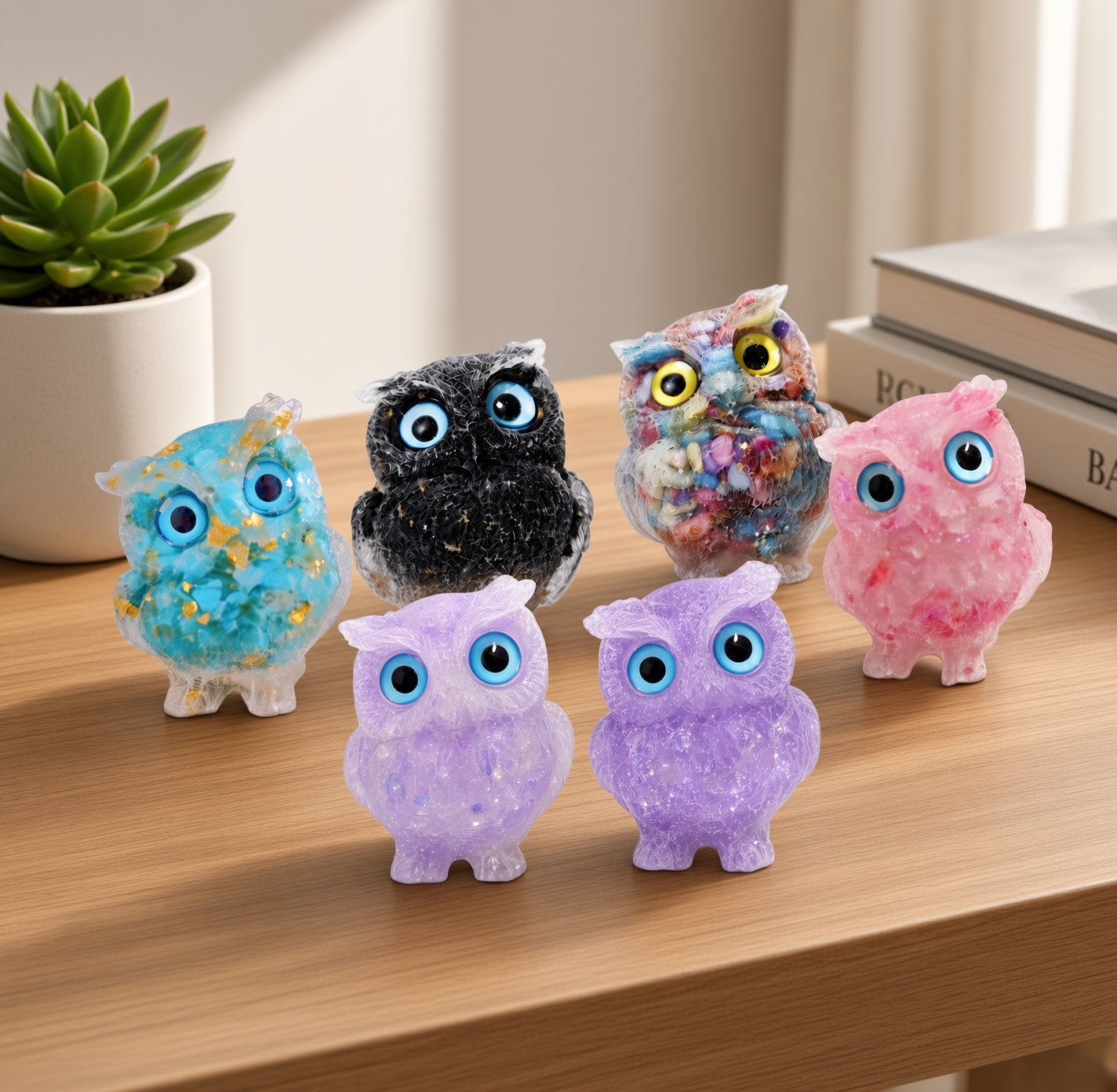 Set of 6 Owl Figurines, Colorful Owl Decor